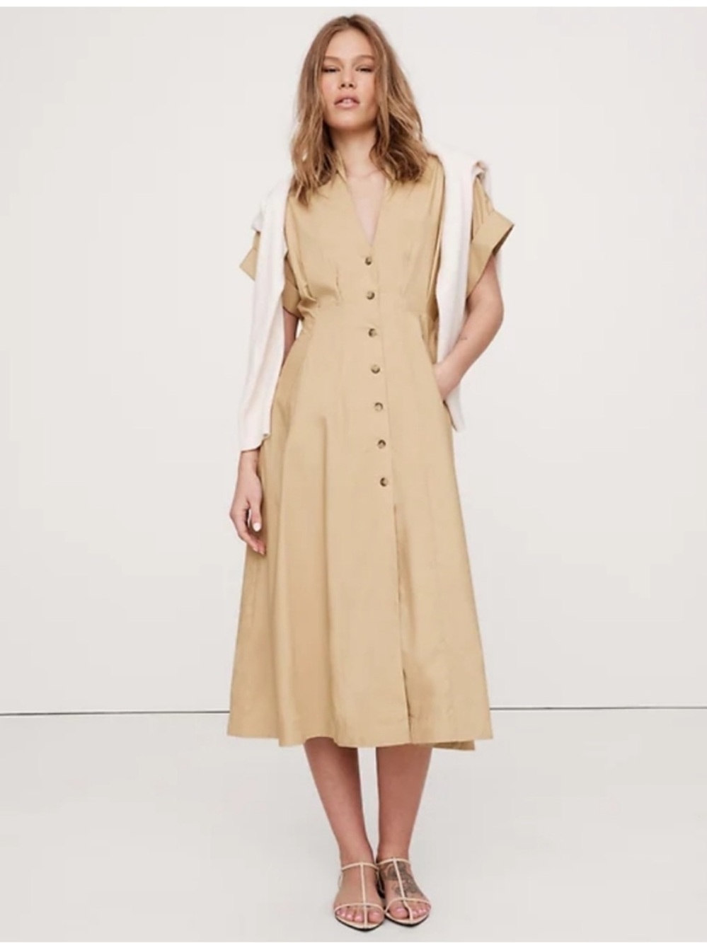 Banana Republic Sandstone Beige Midi Button-Front Dress